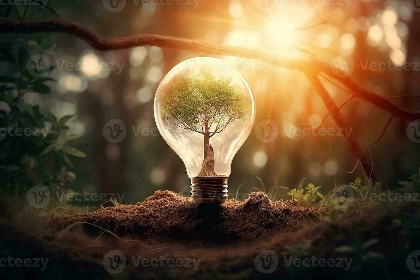 Electric light bulb with a tree inside. The idea of renewable energy sources and energy conservation. The concept of environmental conservation and global warming. Earth Day. AI generated photo