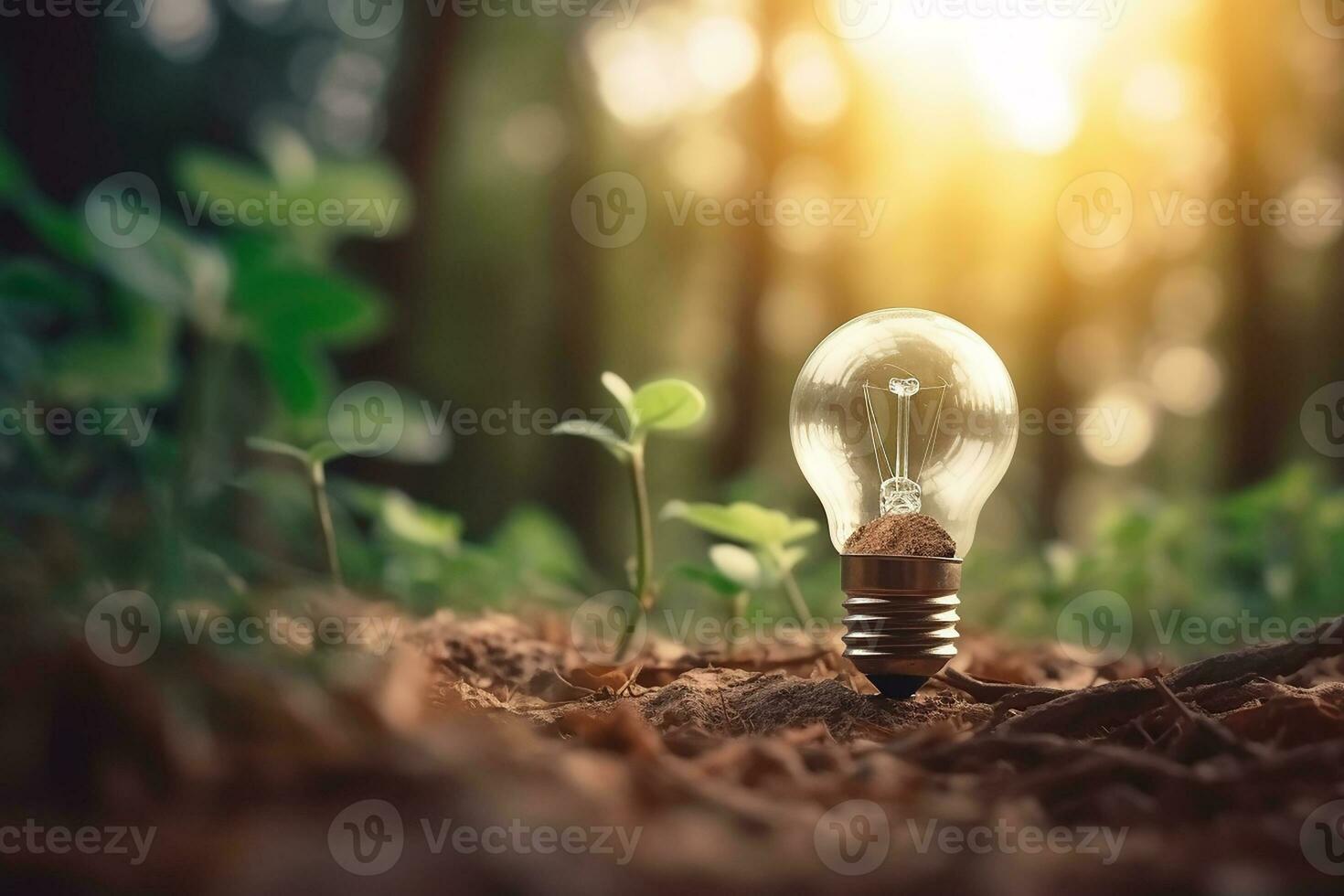 An electric light bulb growing in the forest. The idea of renewable energy sources and energy conservation. The concept of environmental conservation and global warming. Earth Day.  AI generated photo