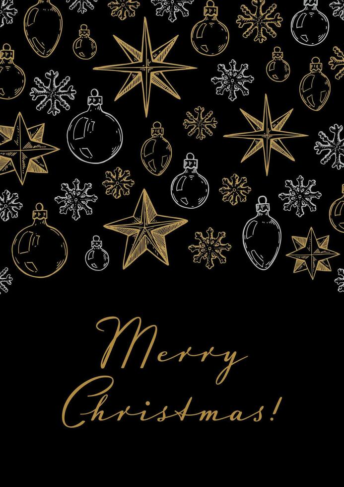 Merry Christmas and Happy New Year vertical greeting card with hand drawn golden stars and toys on black background. Vector illustration in sketch style