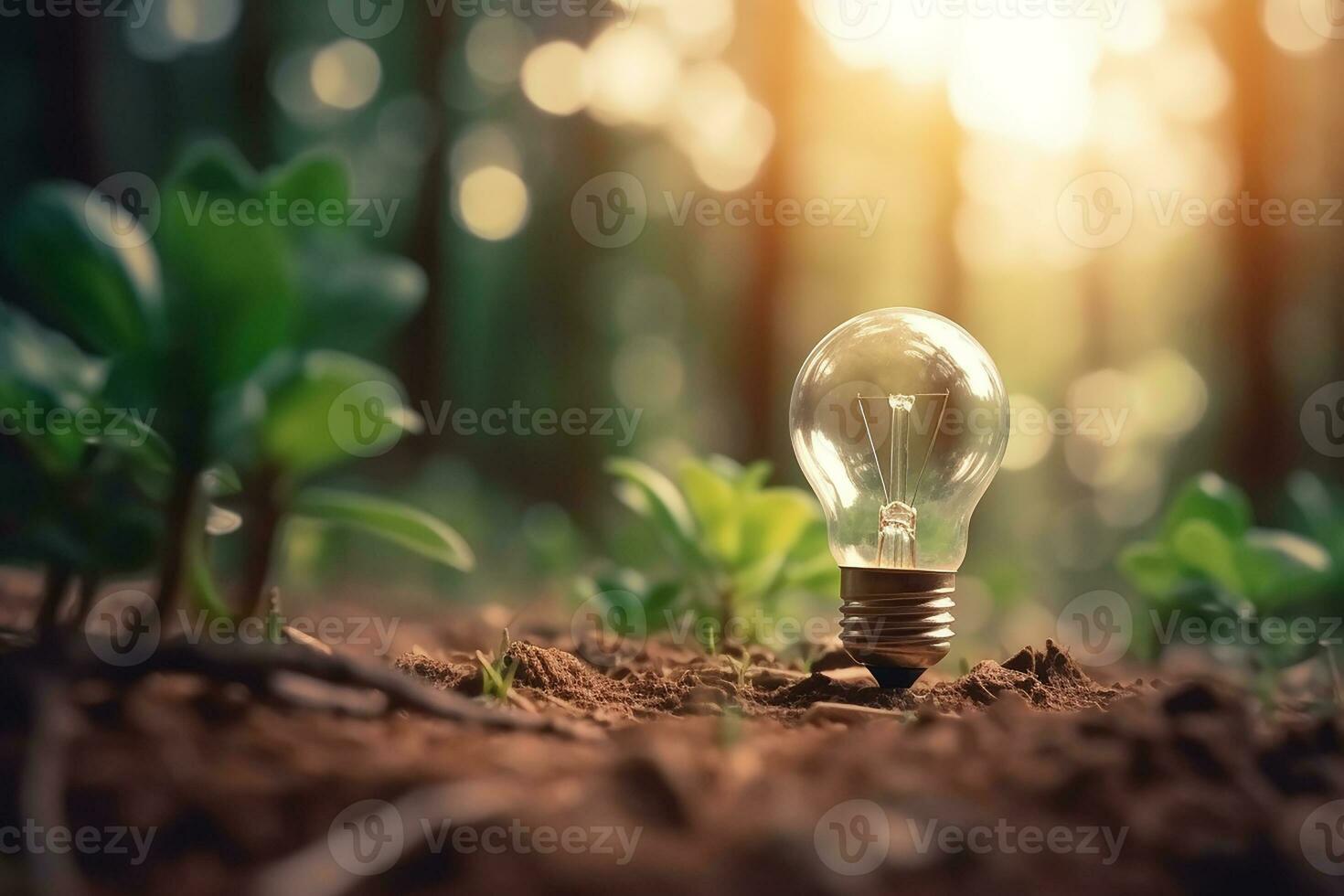 An electric light bulb growing in the forest. The idea of renewable energy sources and energy conservation. The concept of environmental conservation and global warming. Earth Day.  AI generated photo