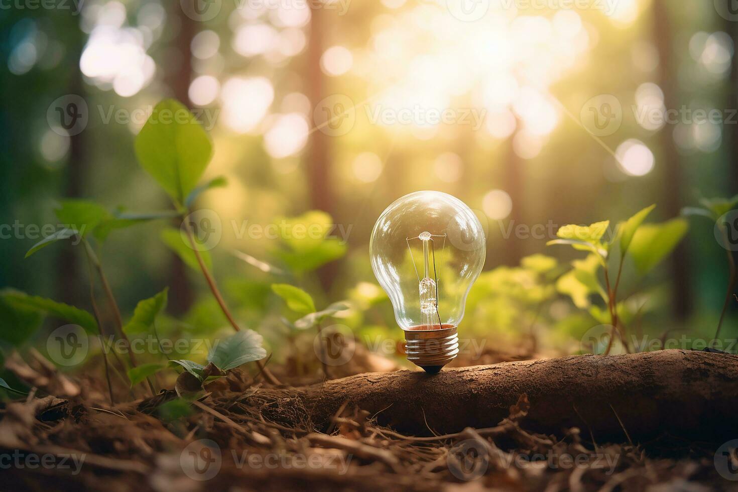 An electric light bulb growing in the forest. The idea of renewable energy sources and energy conservation. The concept of environmental conservation and global warming. Earth Day.  AI generated photo