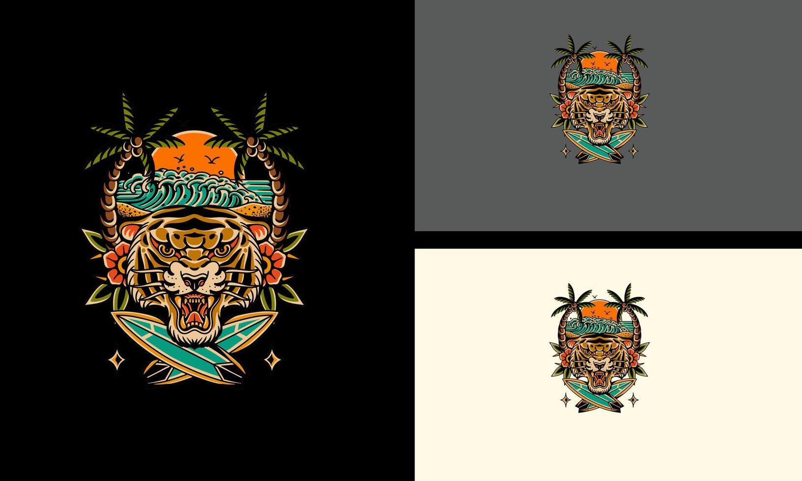 head tiger and palm vector mascot design