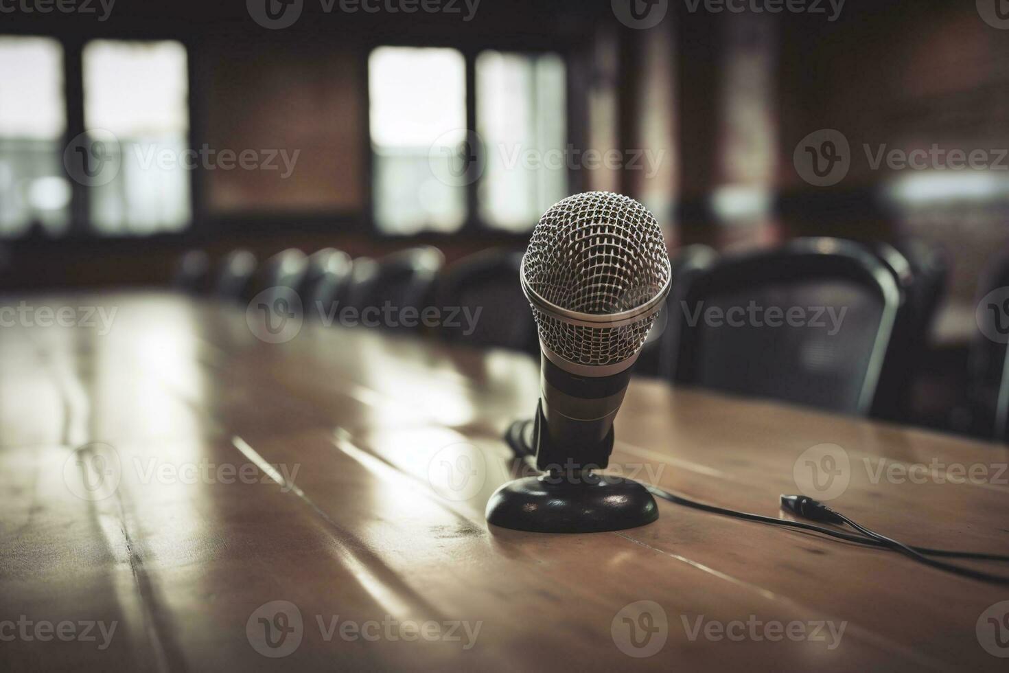 Microphone in conference seminar room, created with generative AI photo