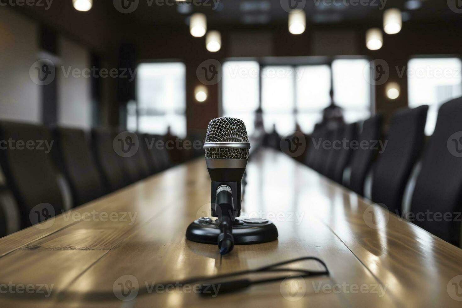 Microphone in conference seminar room, created with generative AI photo