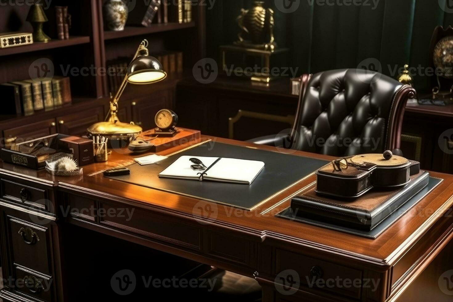 Minimalist desk setup with a chair and a modern lamp photo