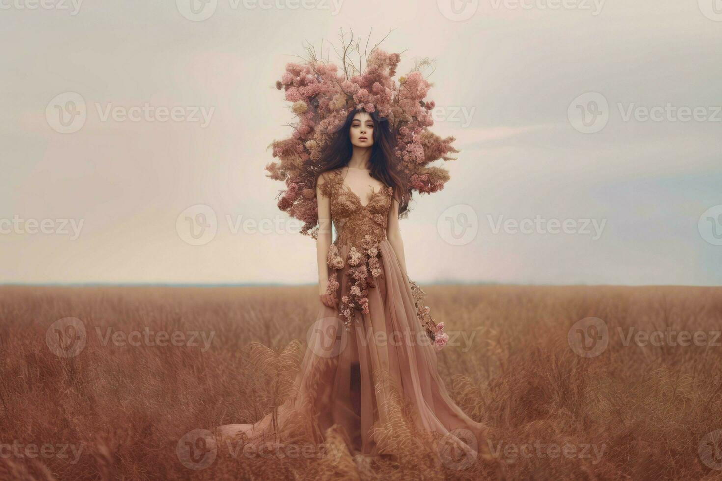 Woman flower dress. Generate AI photo