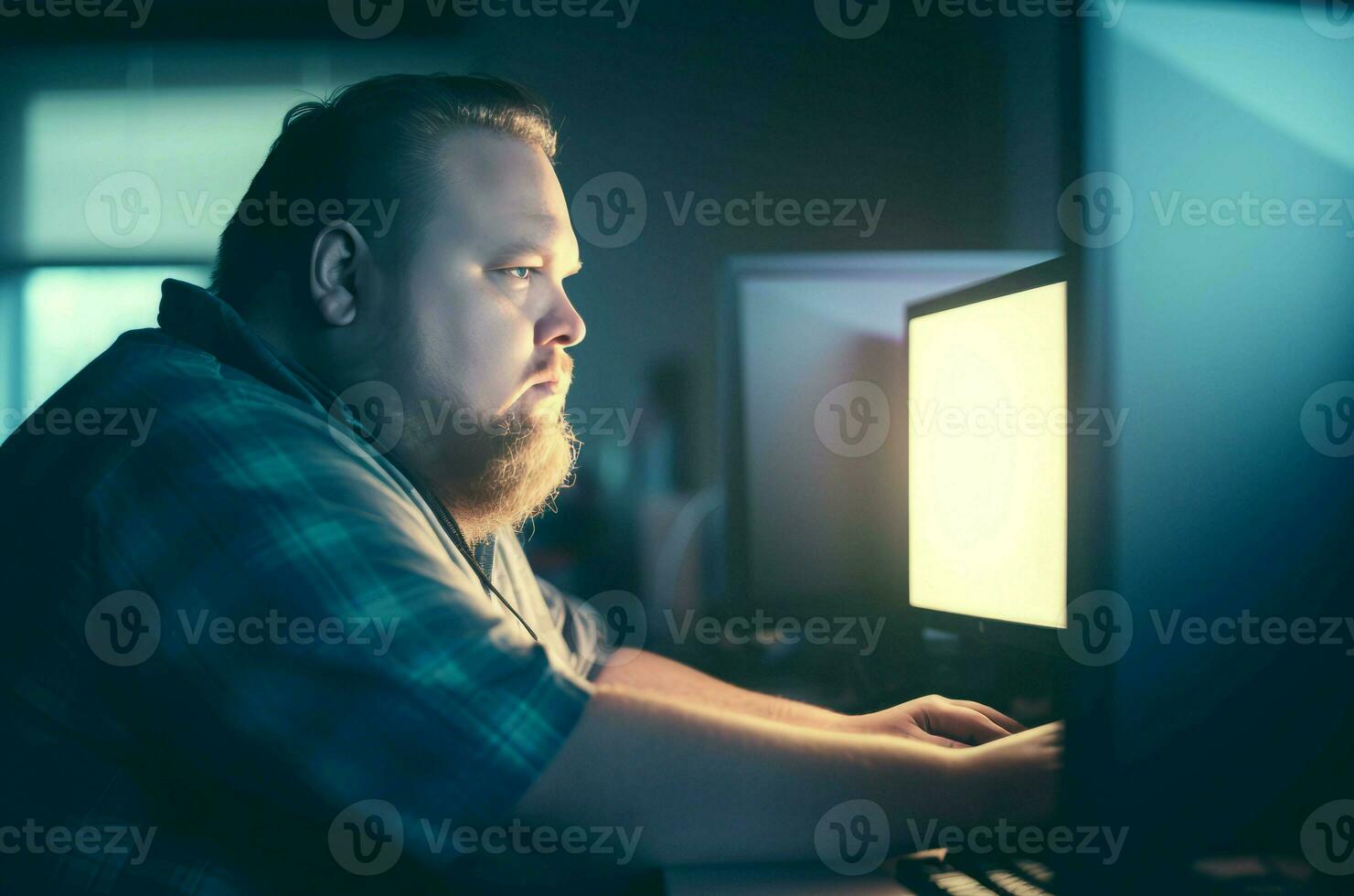Fat man computer night work. Generate Ai photo