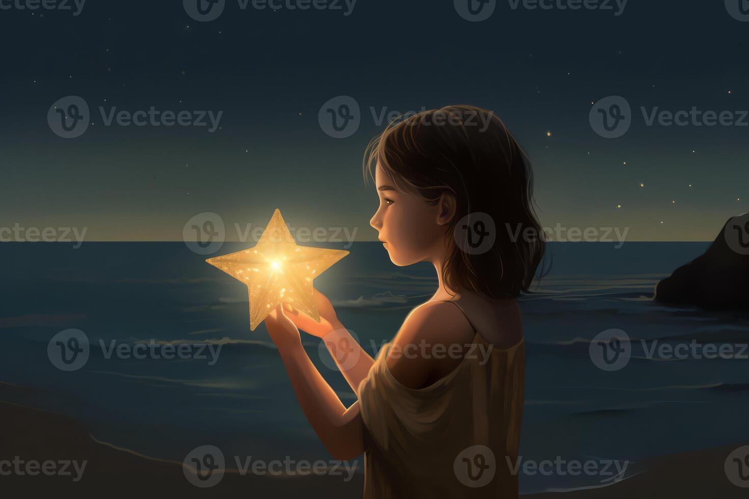 Girl star beach. Generate Ai photo