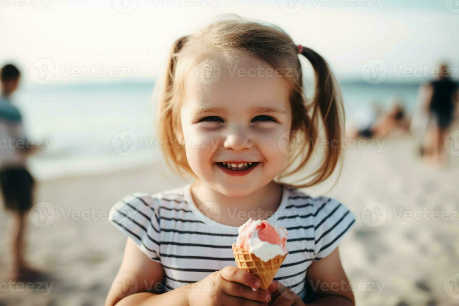 Girl ice cream beach. Generate Ai photo