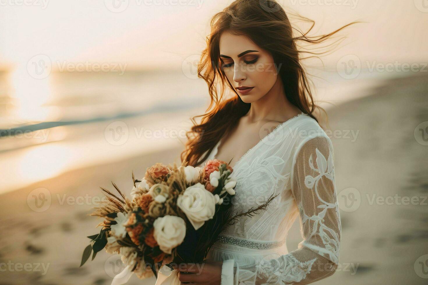 Beautiful bride beach. Generate Ai photo