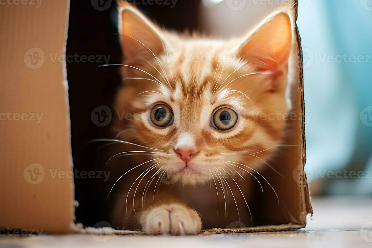Portrait of a ginger kitten in a box looking into the distance photo