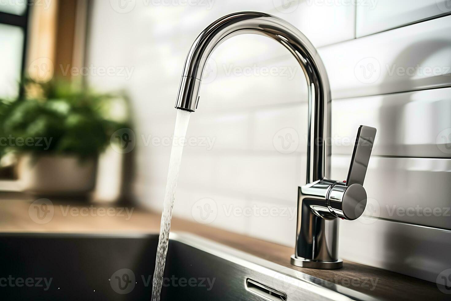 modern steel faucet in the kitchen, close up, low shoot photo