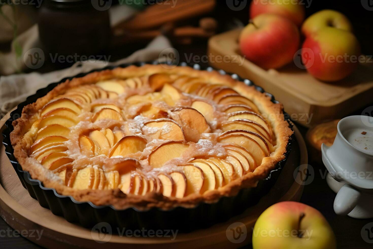 freshly baked apple pie on a baking pan photo