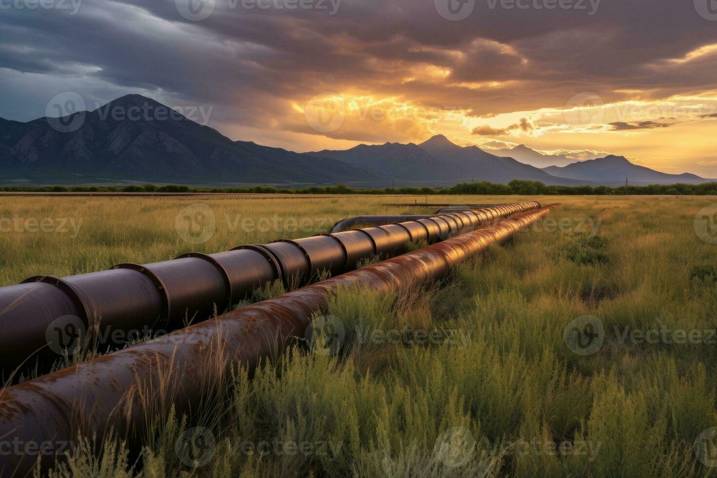 petróleo tubería corriendo mediante un campo hacia un montaña en el distancia. foto