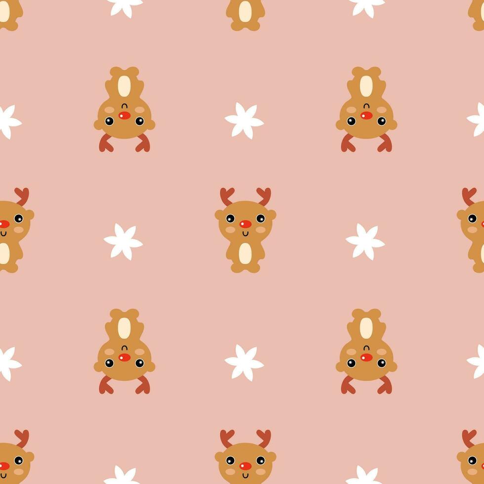 Christmas cartoon seamless pattern with deers and poinsettia flowers. Xmas print for tee, paper, textile and fabric. vector
