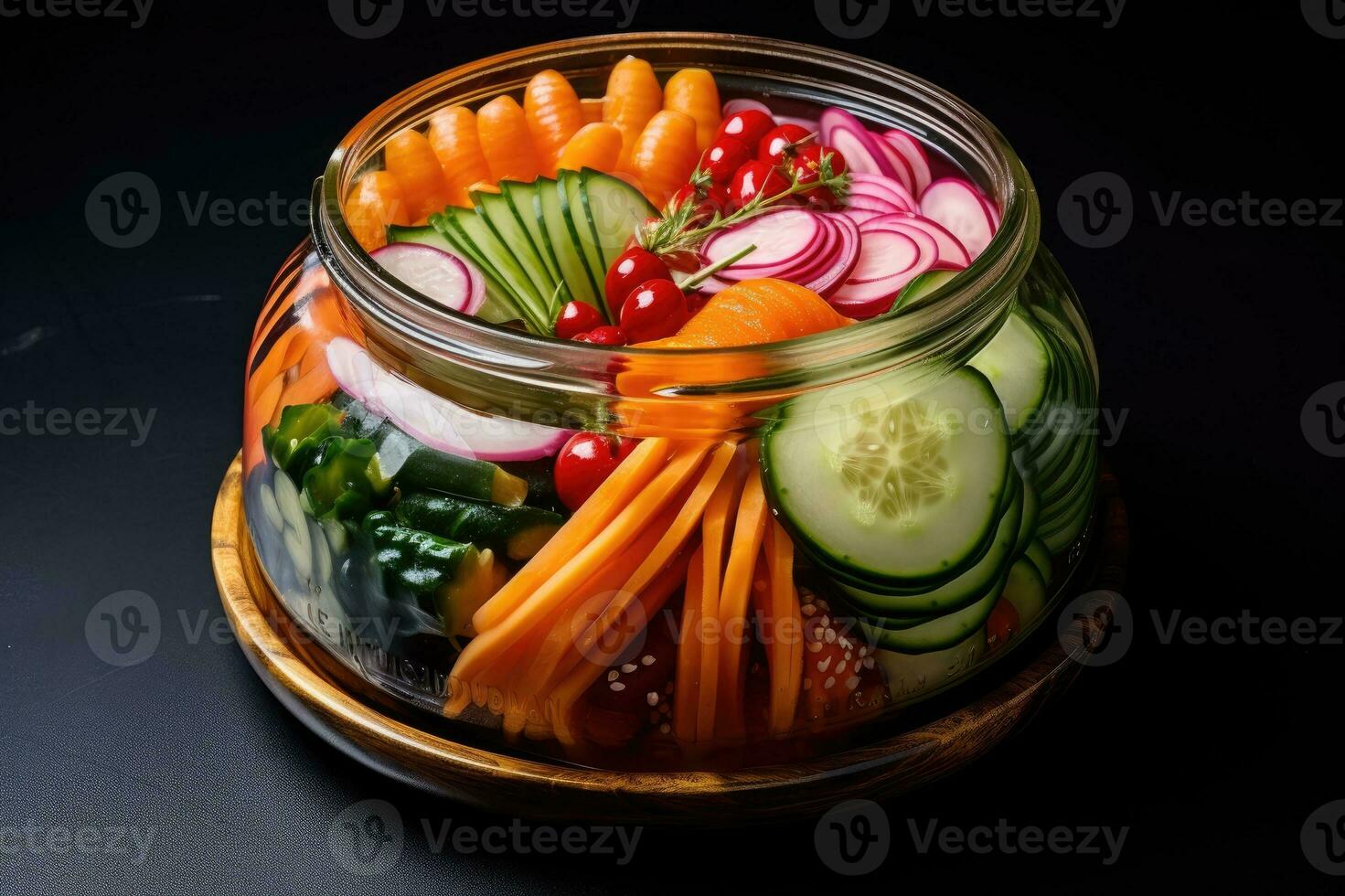 Pickled vegetables in glass jars photo
