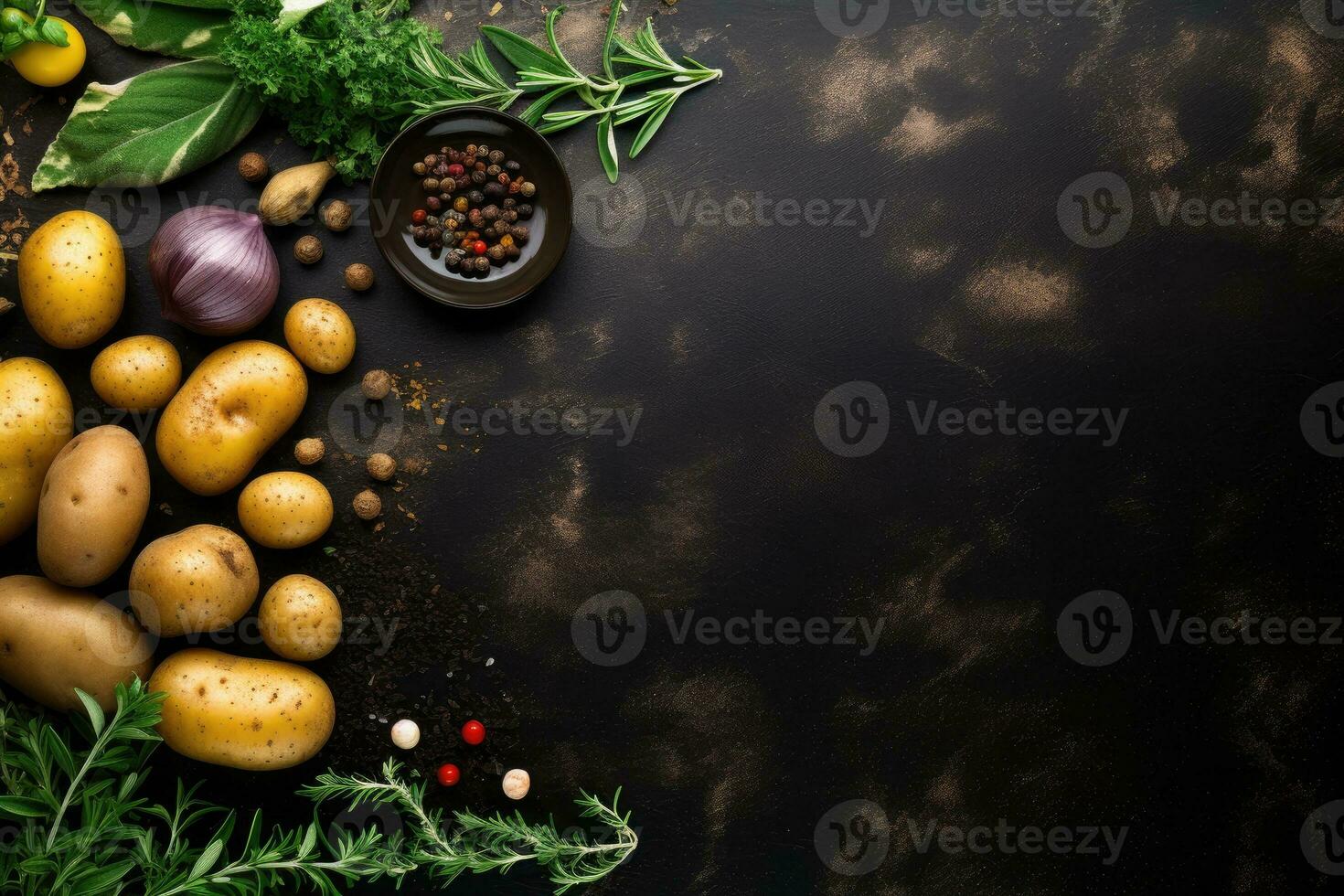 Food background. Top view of potatoes, herbs and spices on rustic black slate. photo