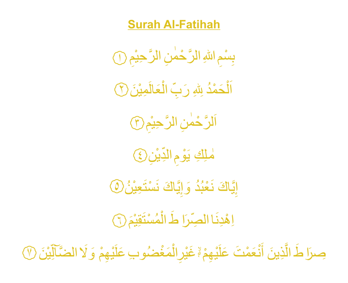 Al Fatiha or Al Fatihah, opening or opener, is the first surah of the Quran, 7 verses which are a prayer for guidance and mercy, recited in Muslim obligatory and voluntary prayers in the Sholat. png