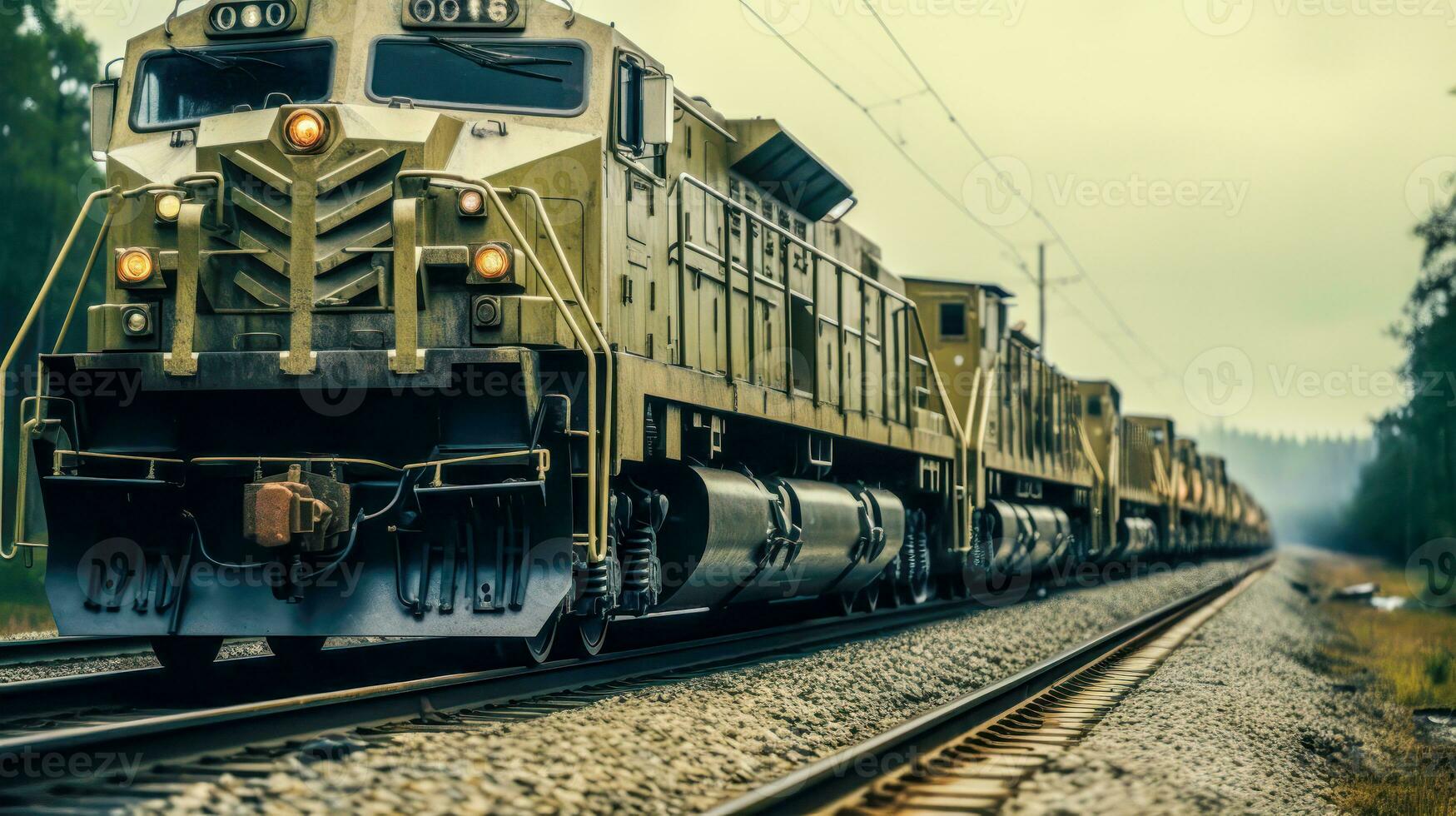 ferrocarril aventuras un moderno tren con un faro y un brumoso antecedentes ai generado foto