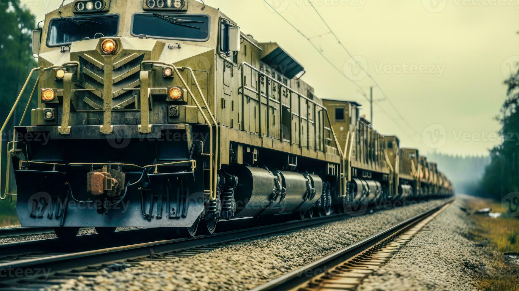 Railroad Adventure A Modern Train with a Headlight and a Foggy Background AI Generated photo