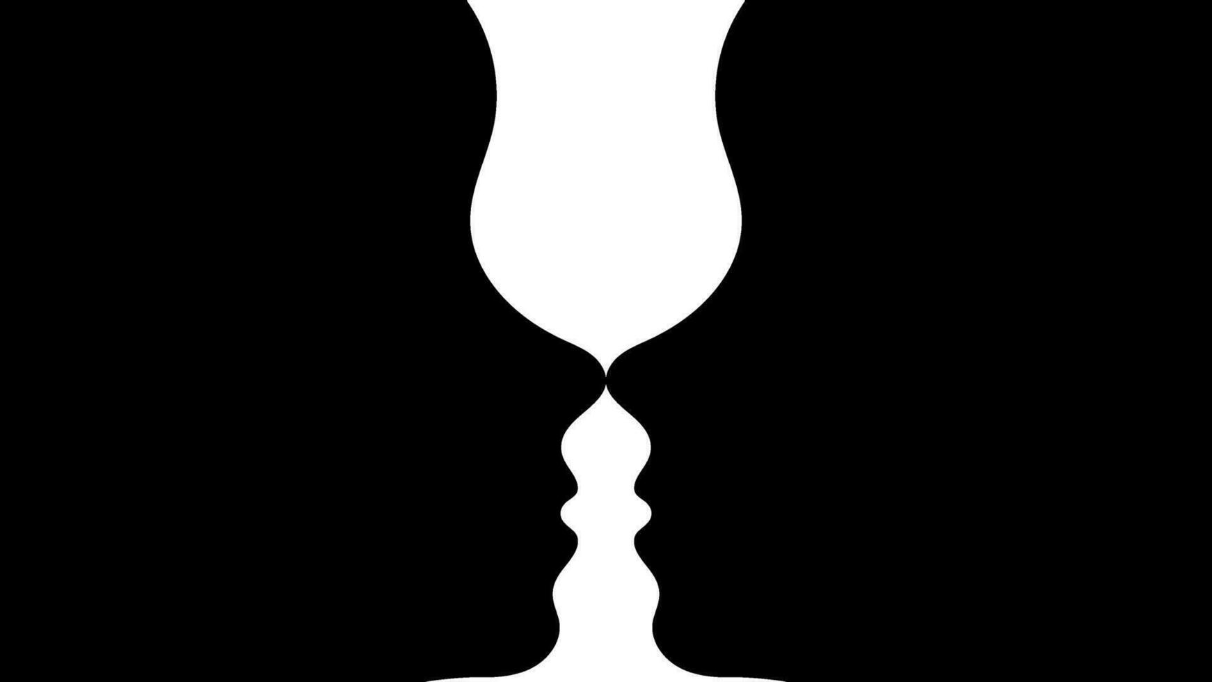 Optical illusion, two black silhouettes of faces in profile and a white silhouette of a goblet. Vector. Gestalt psychology test. Educational games, psychological books, tests, psychology. vector