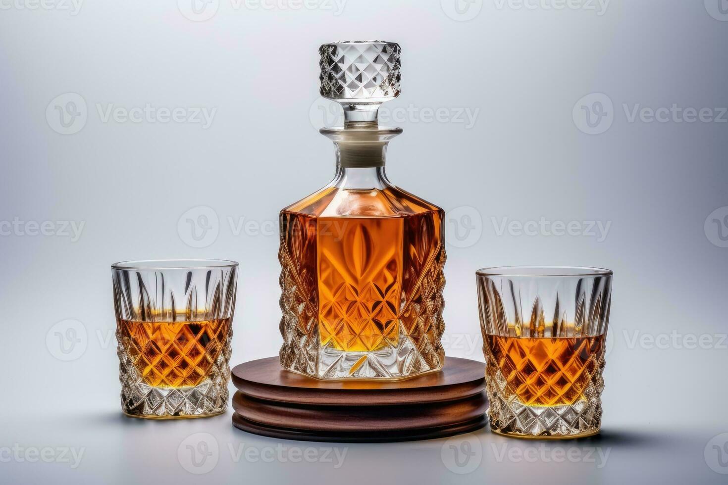 Decanter with whiskey or cognac and a glass on a white background photo