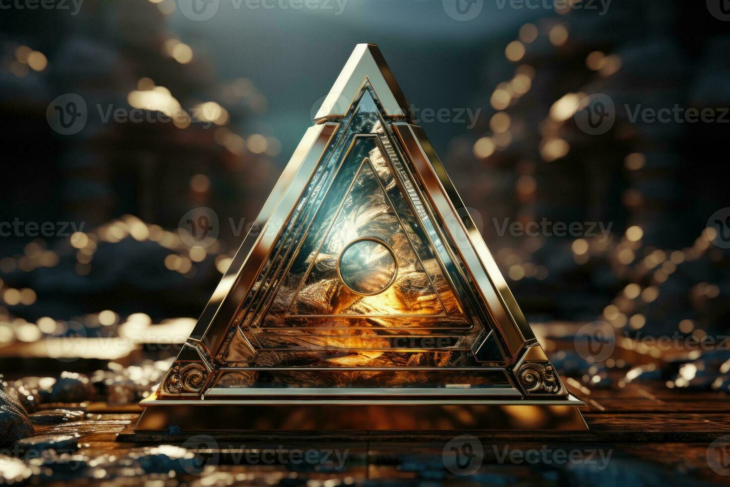 Triangular prism on a table. Prism in the shape of a pyramid. photo