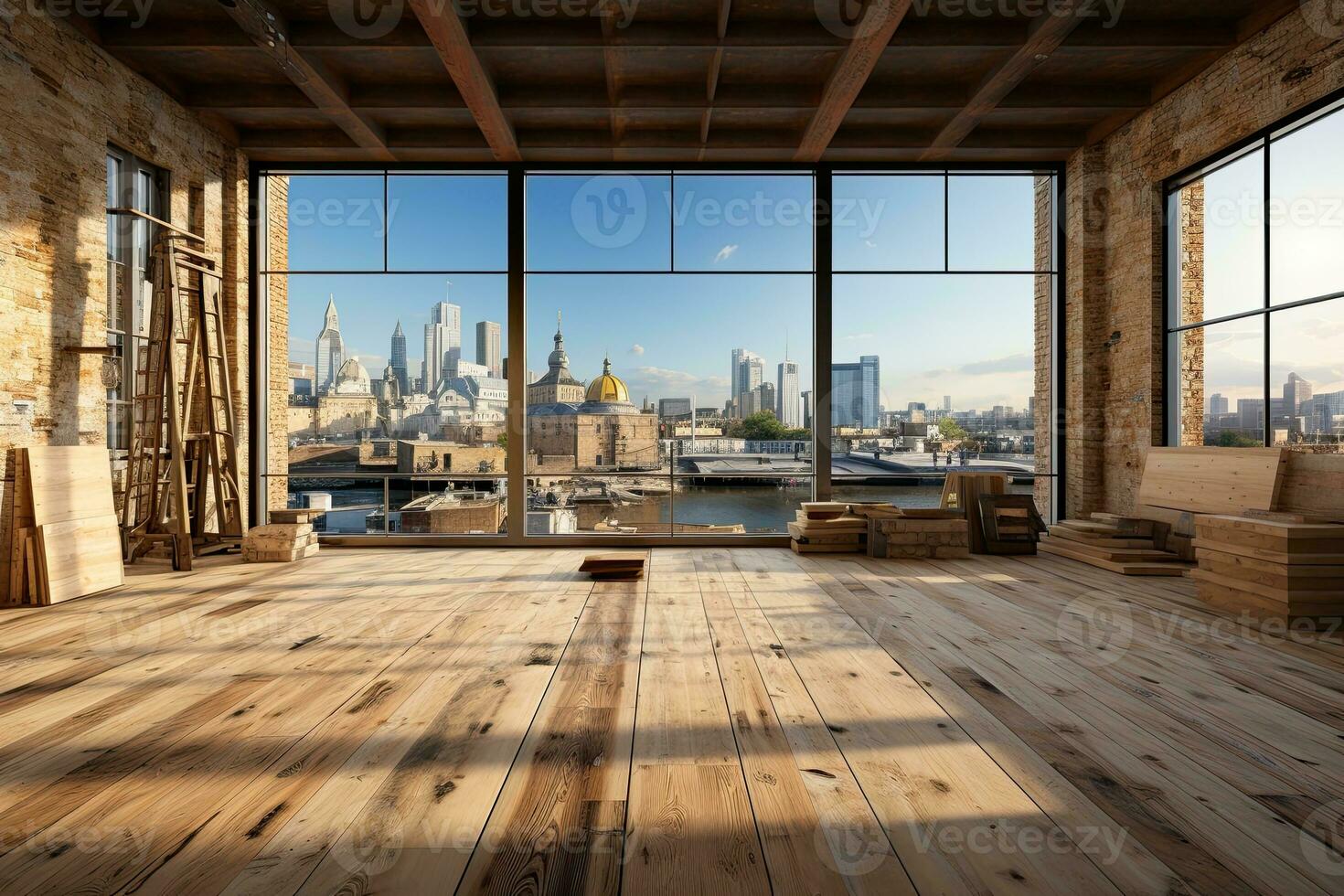 Interior of modern loft with wooden floor and panoramic city view. Generative AI photo