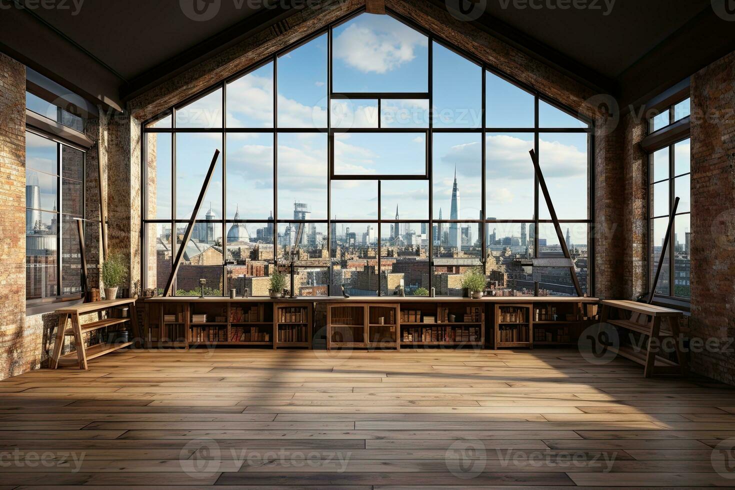 Interior of modern loft with wooden floor and panoramic city view. Generative AI photo