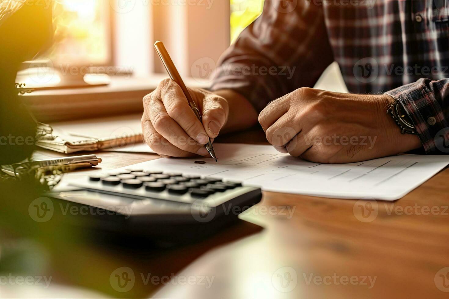 Accounting Calculating Mathematic Economic Finance Concept.Businessman using calculator and writing financial report in office. Generative AI photo