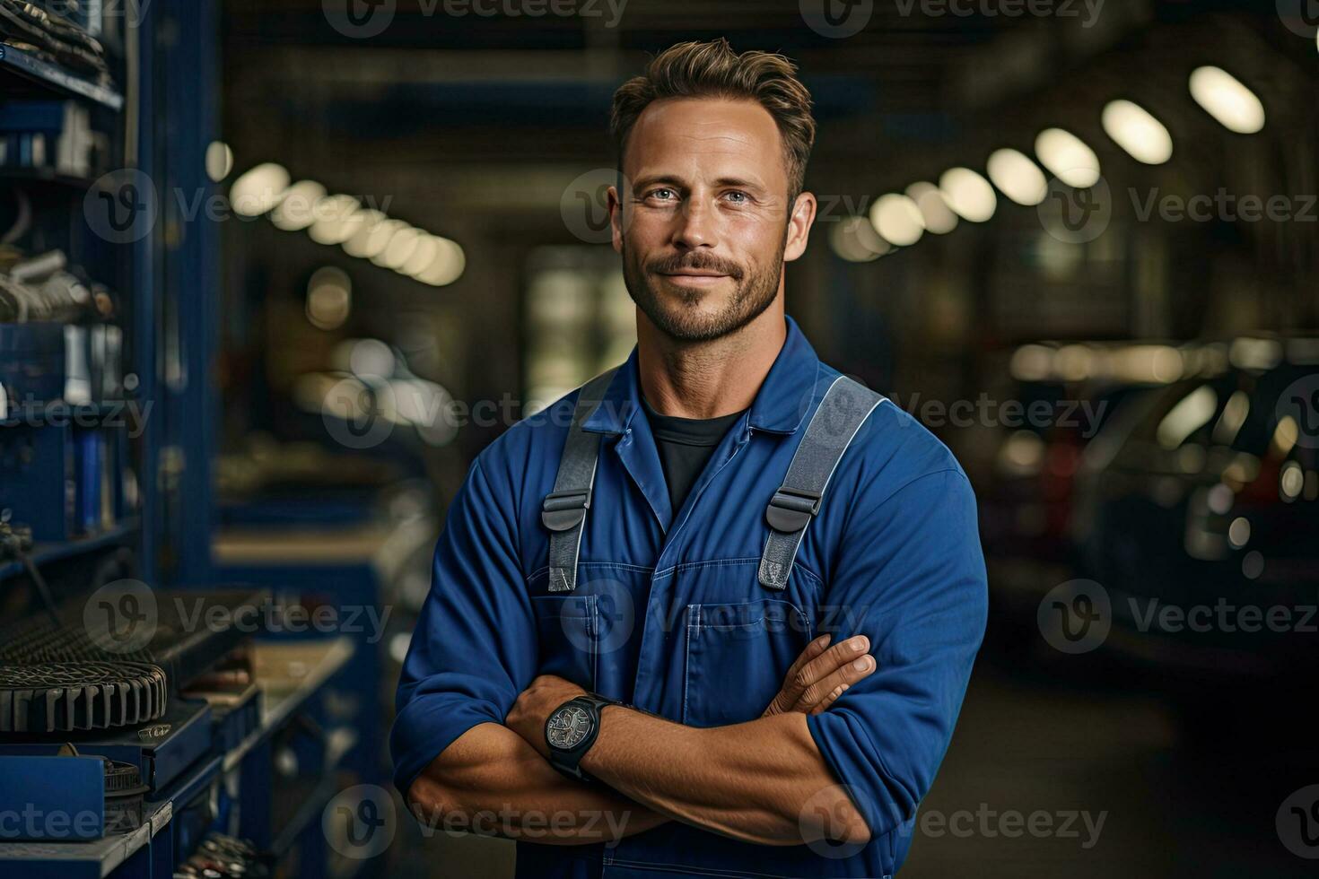 Technician, male auto mechanic in coverall in modern auto repair shop, garage. Generative AI photo