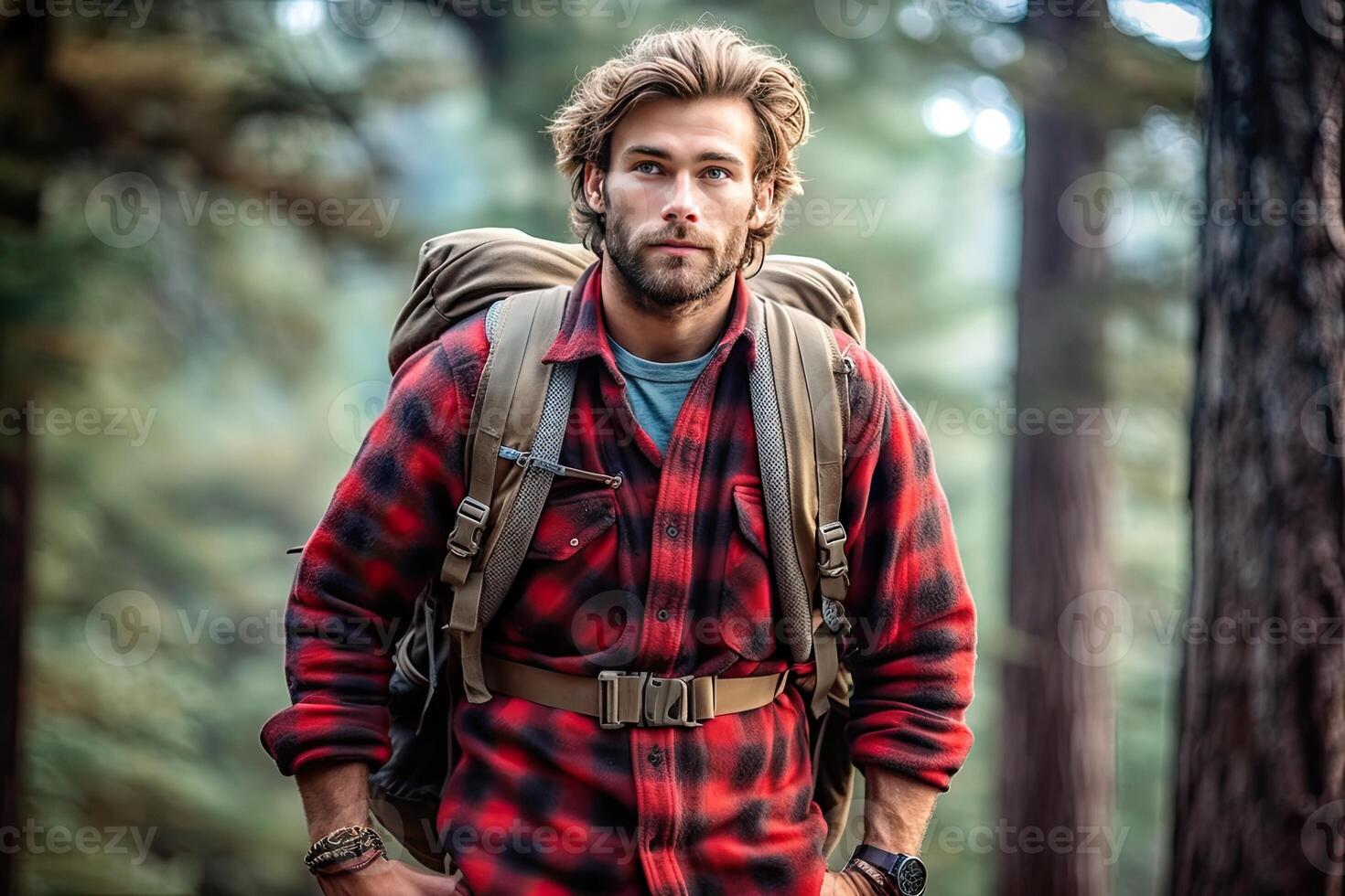 Handsome bearded man with backpack in the autumn forest. Travel and adventure concept. photo