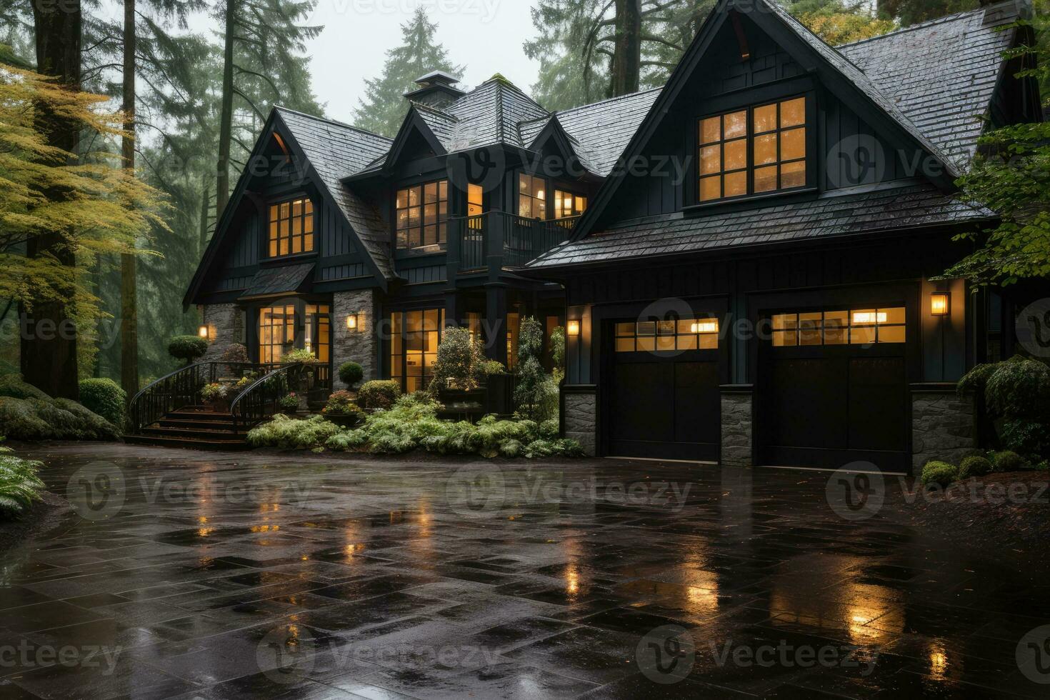 Garage door with a driveway in front. photo