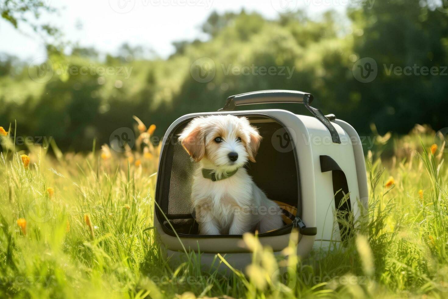 Dog sitting in carrier on grass. photo