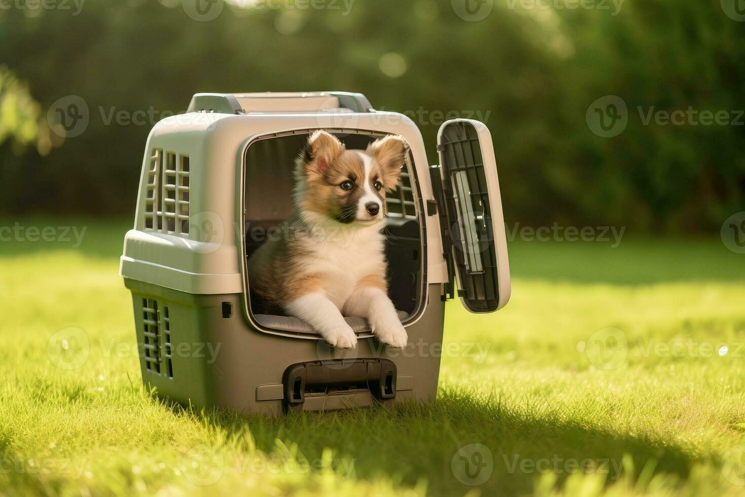 Dog sitting in carrier on grass. photo