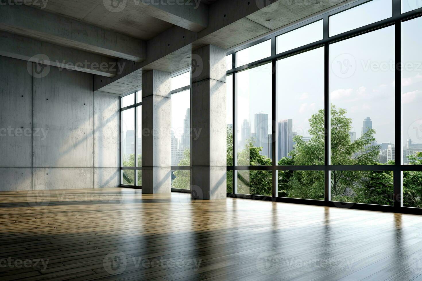 Empty room with panoramic window and mountain view. Generative AI
