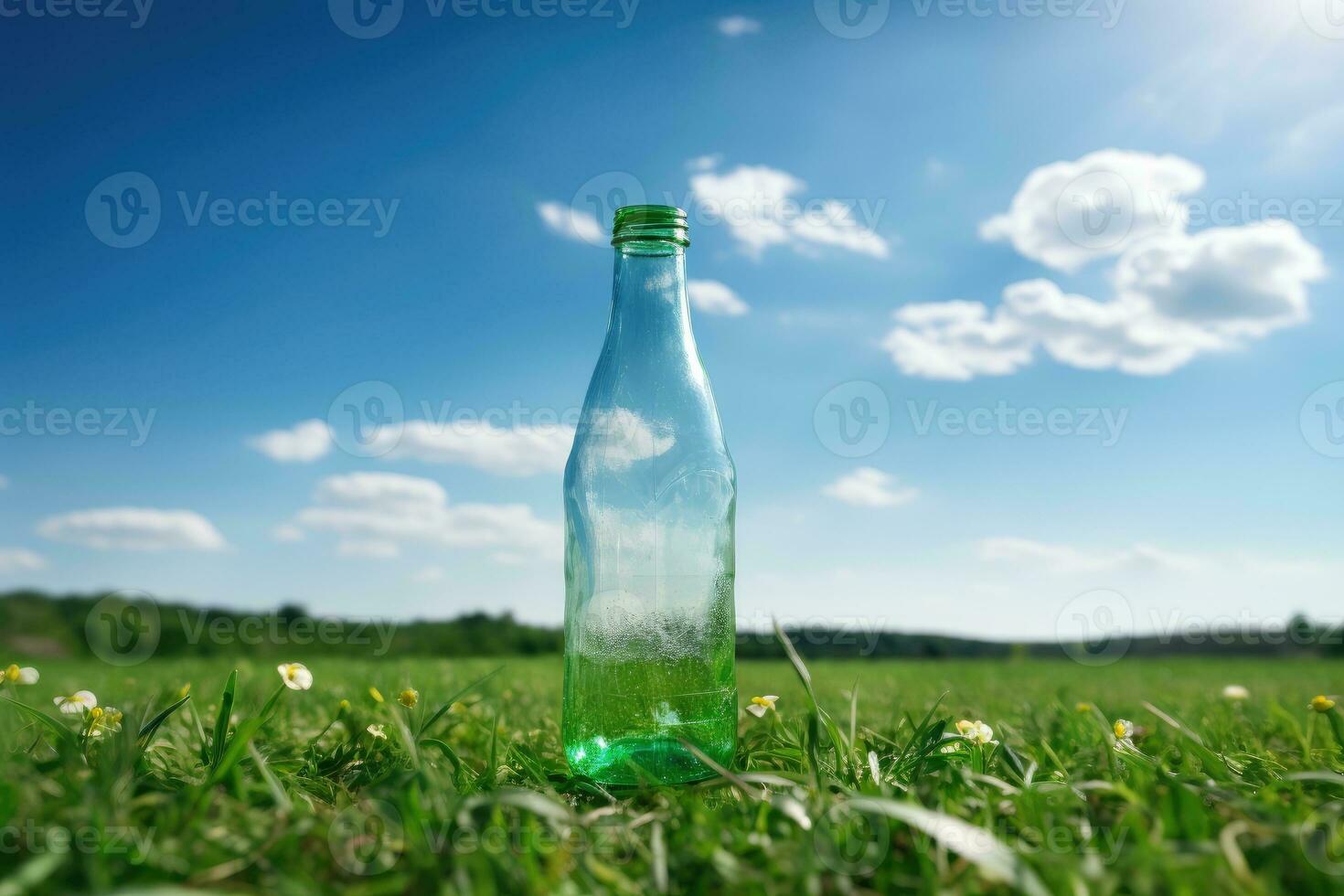 A plastic bottle on lawn with blue sky in the background . photo