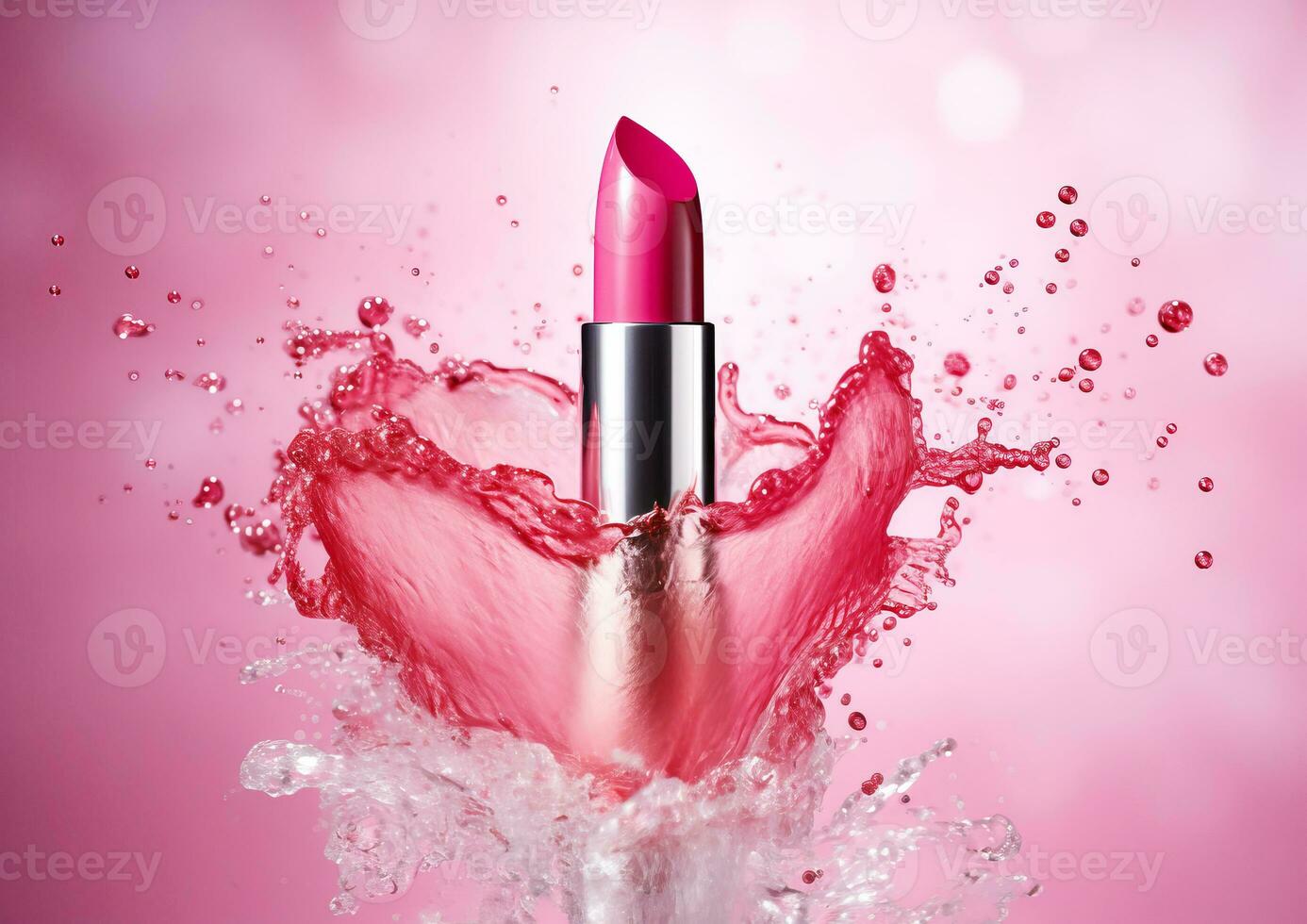 Pink lipstick with splashes and splashes of rose water. photo