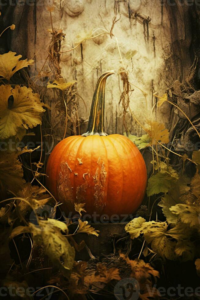 Close-up of ripe orange pumpkins in a field photo