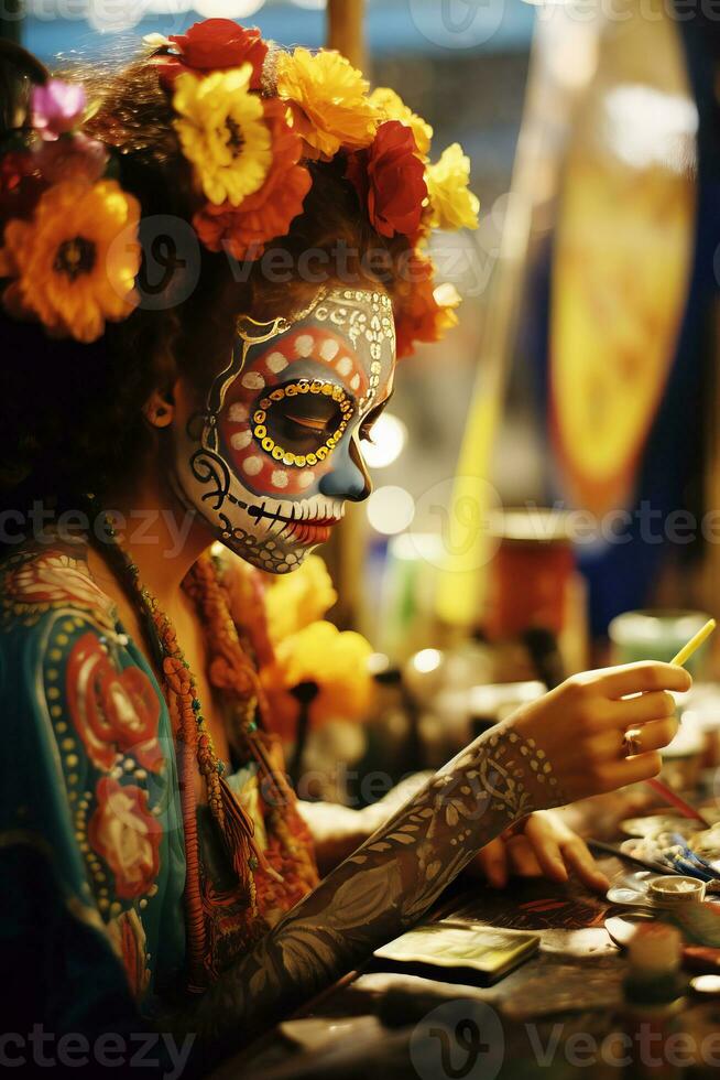 un niña pone en su cara maquillaje en el formar de un cráneo en el mexicano tradicional gente fiesta día de el muerto foto