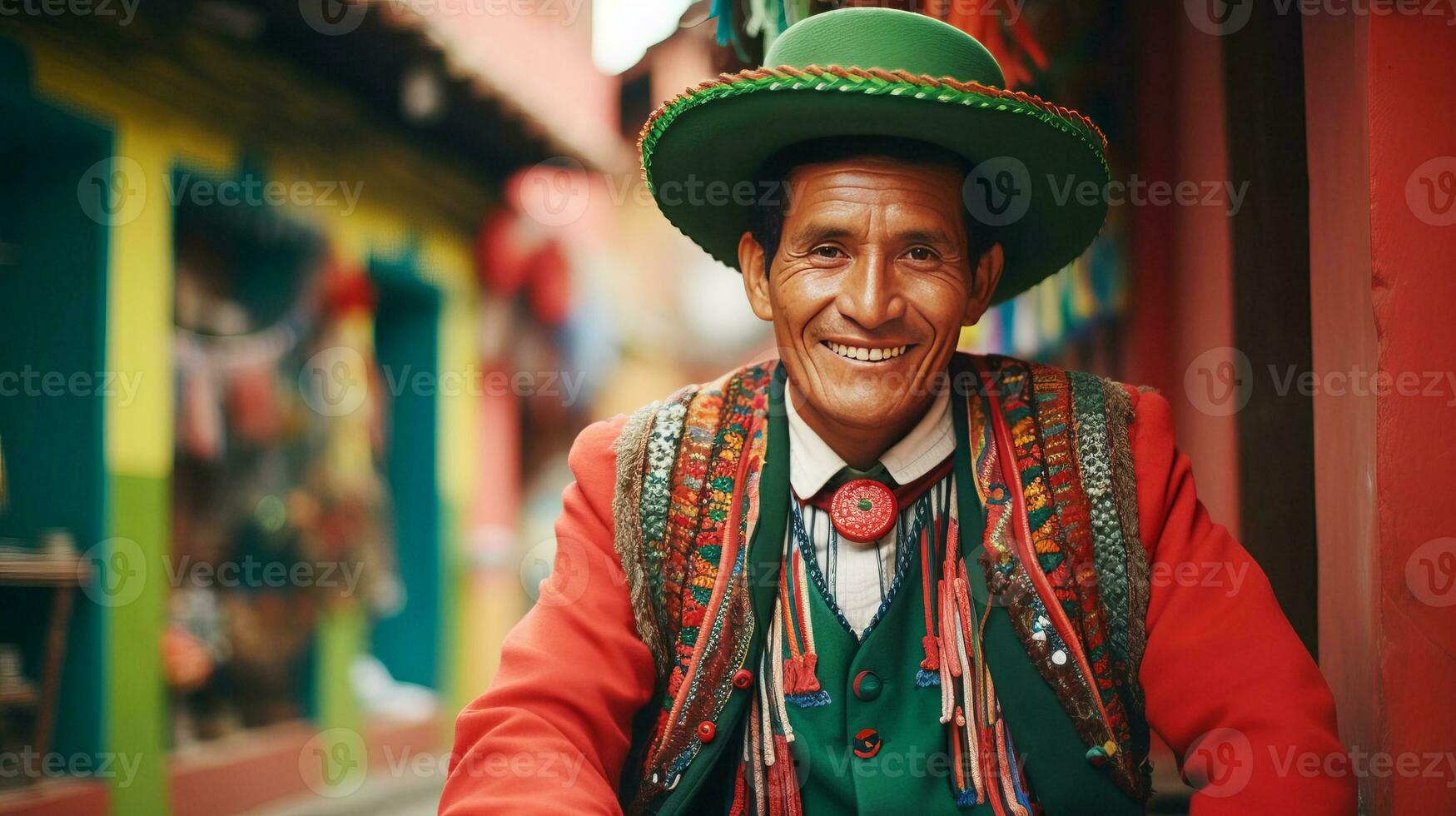 Peruvian man in festive national clothes, smiling.  AI generated. photo