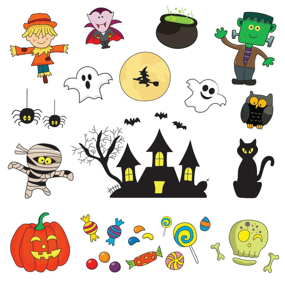 Stock Illustration of halloween collection vector flat cartoon isolated set in doodle style