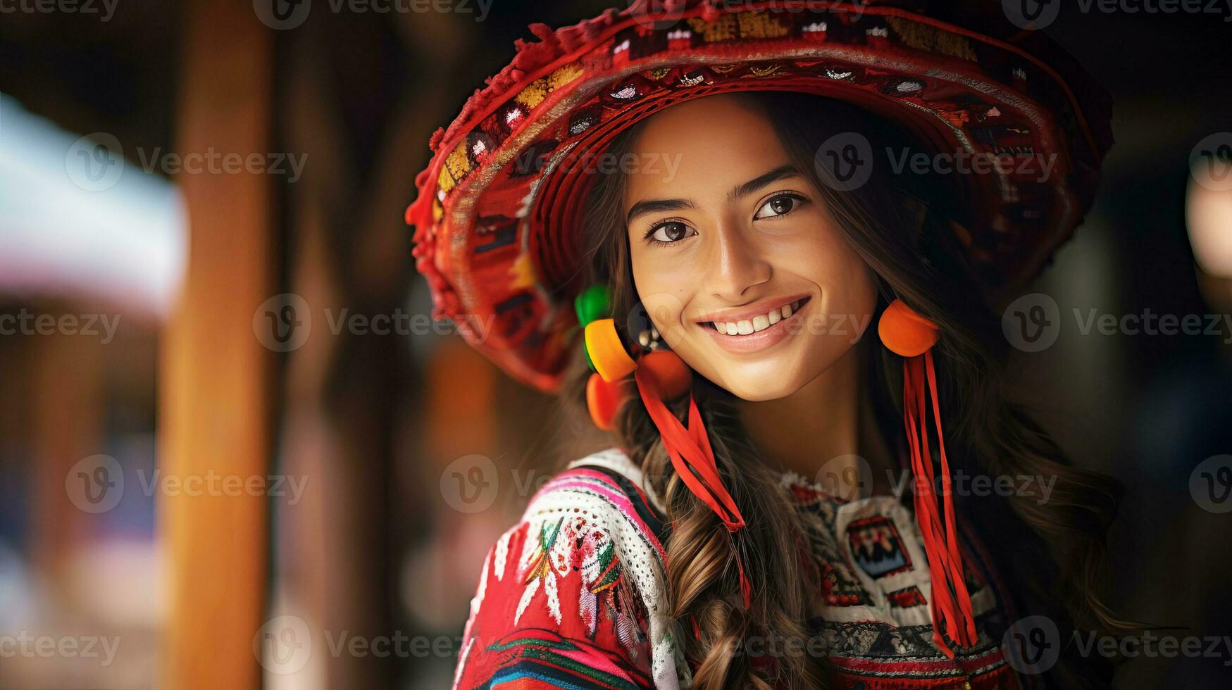 Beautiful young Peruvian woman in festive national clothes, smiling. AI generated. photo