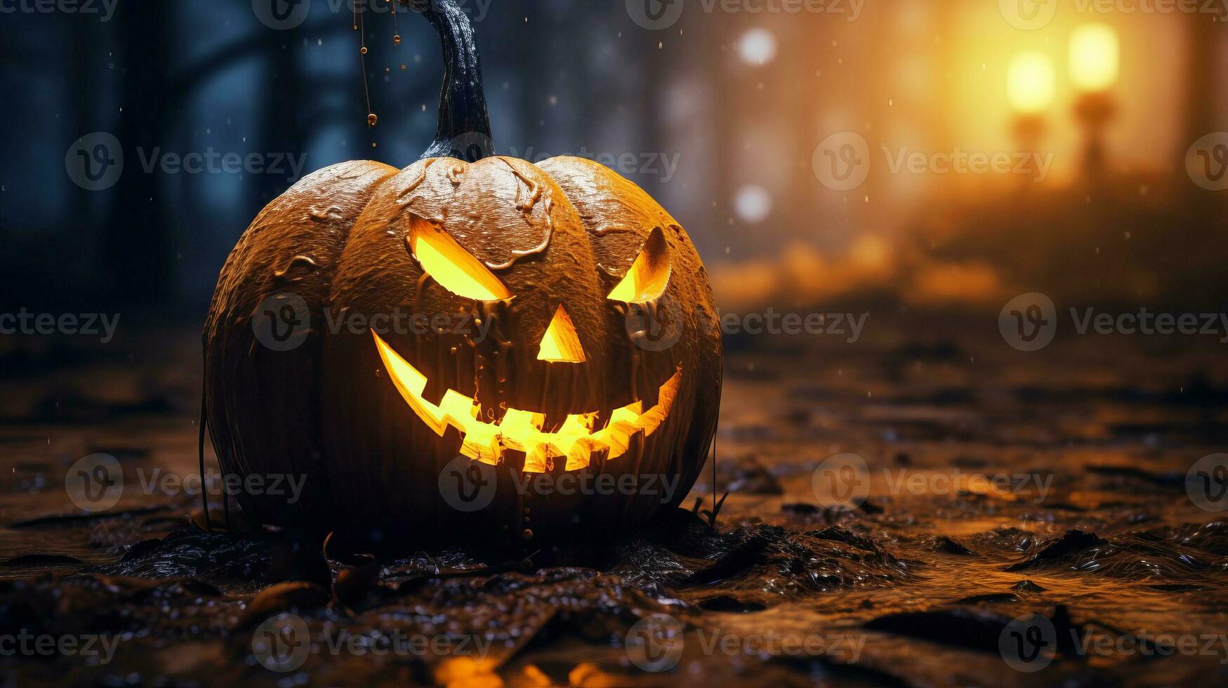 Pumpkin Jack-O-Lantern outdoor. Sinister atmosphere. AI generated. photo