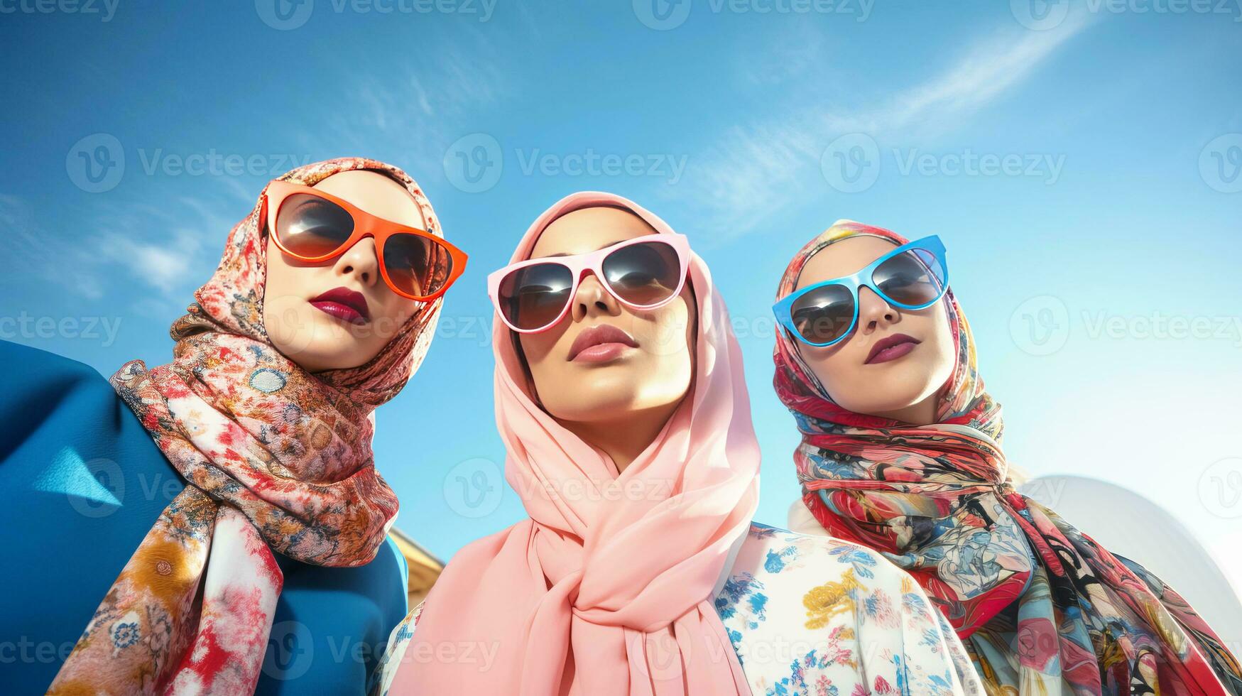 Three beautiful young women in beautiful headscarves and sunglasses. AI generated. photo