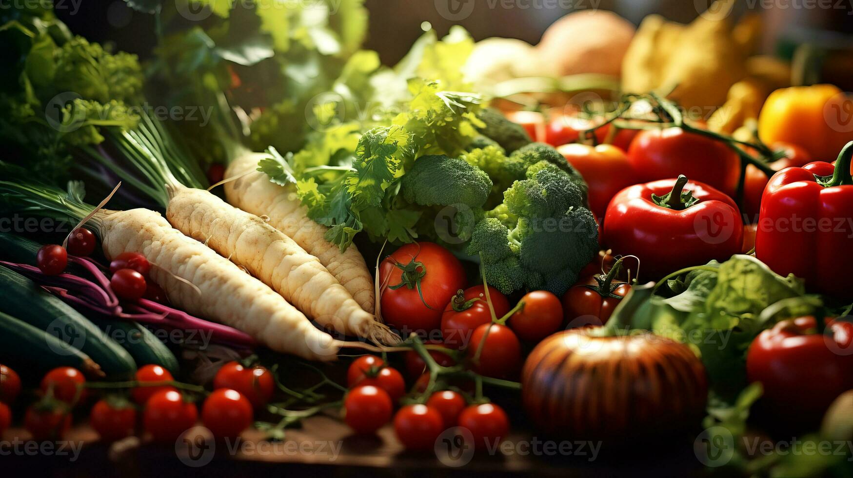 Close-up of various fresh vegetables on the table. Ai generated. photo