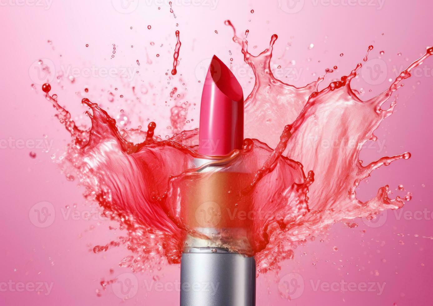 rosado lápiz labial con salpicaduras y salpicaduras de Rosa agua. foto