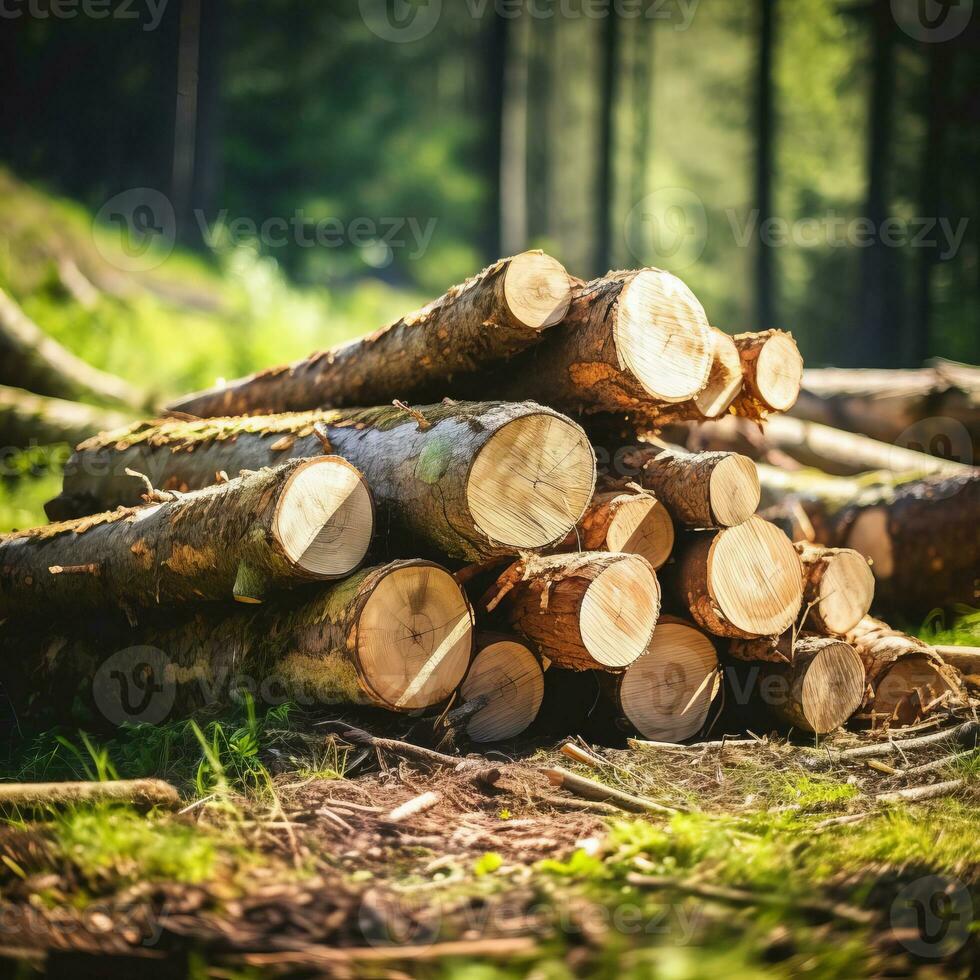 Close-up felled and sawn tree trunks stacked on the outskirts of the forest. photo