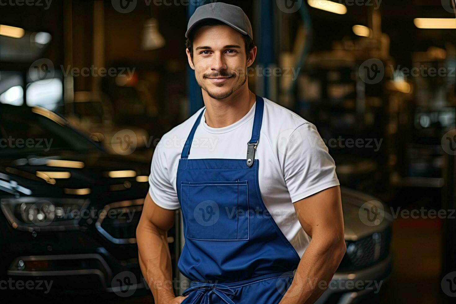Technician, male auto mechanic in coverall in modern auto repair shop, garage. Generative AI photo