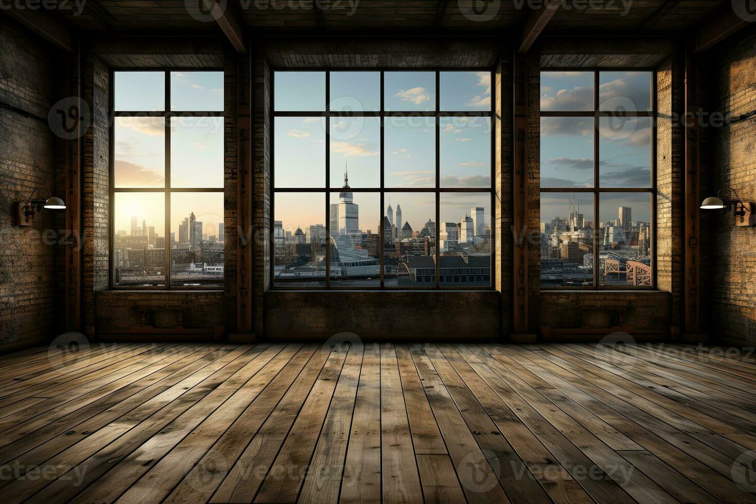 Interior of modern loft with wooden floor and panoramic city view. Generative AI photo
